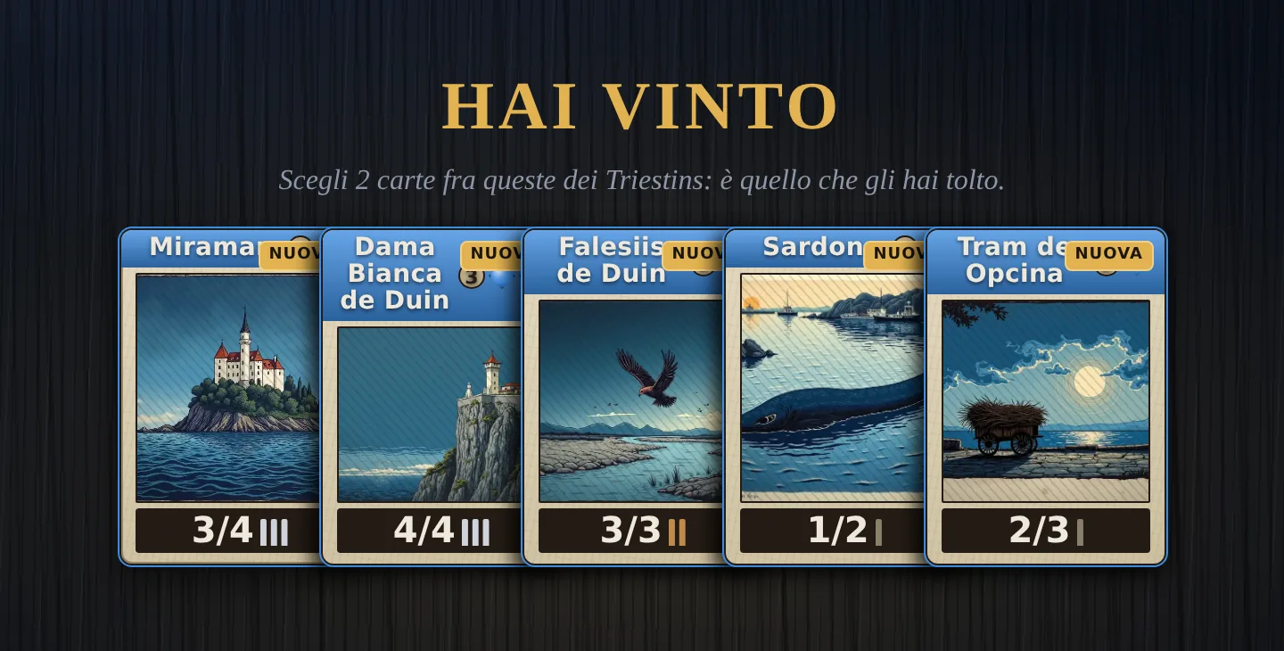 La vetrina del premio dopo una vittoria: cinque carte della fazione battuta, e due si scelgono