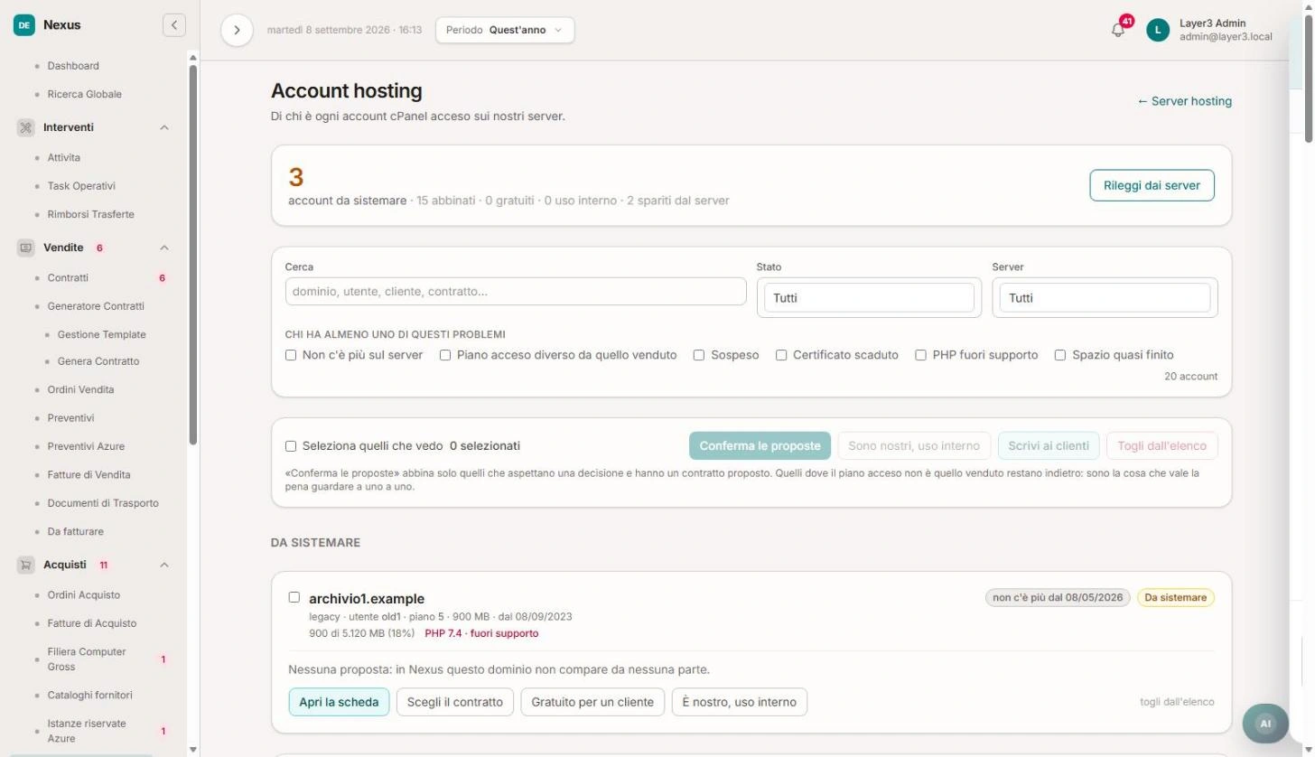 Elenco degli account hosting con avvisi su PHP, certificati e spazio